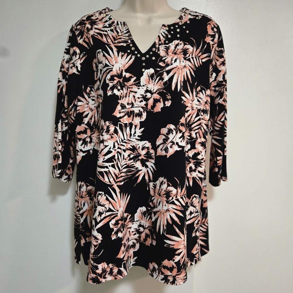 Quacker Factory Size L Sparkle and Shine Tropical Bliss Tunic Top 3/4 Sleeve